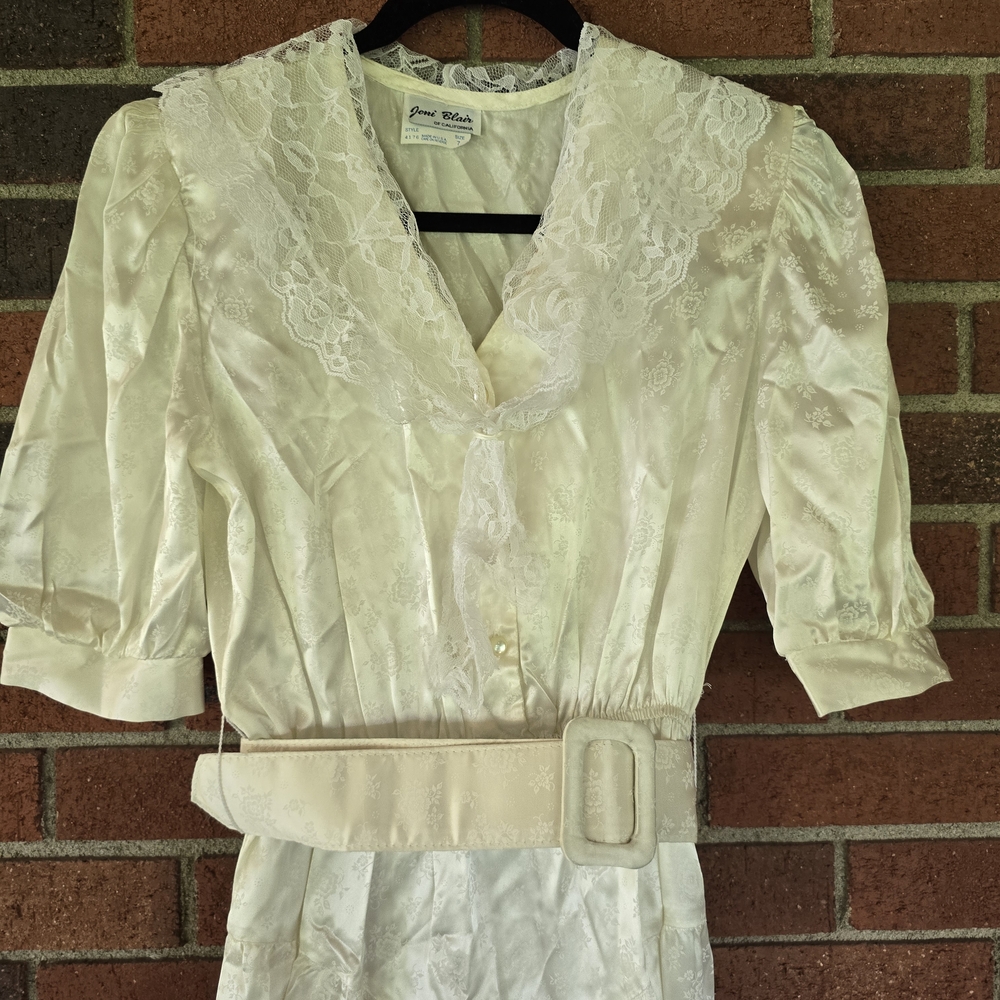 Vintage Joni Blair White Silk And Lace Dress Women’s Size 7 Wedding Cottage Belt